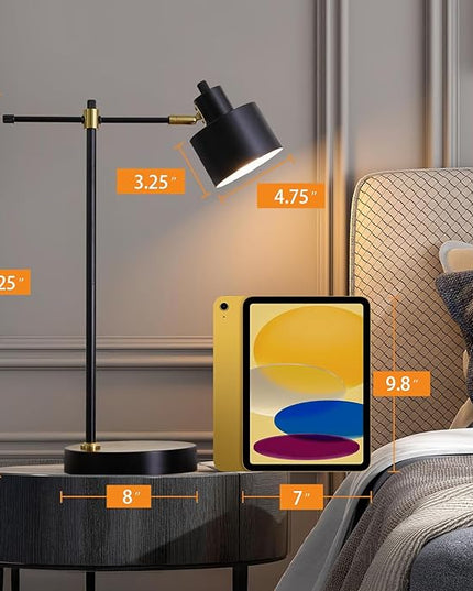 OYEARS Modern Industrial Desk Lamp for Reading LED 22.2“ Metal Table Lamp Light for Office Bedroom Study Room Living Room Nightstand Bedside Lamps Gold and Matte Black Accent (Black, Bulb Included)