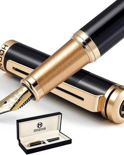 HDDNB Black Luxury Fountain Pen Set for Men and Women with Gift Box, 24K Gold Finish and Gilded Nib(Medium) with 5 Black Ink Cartridges and Converter
