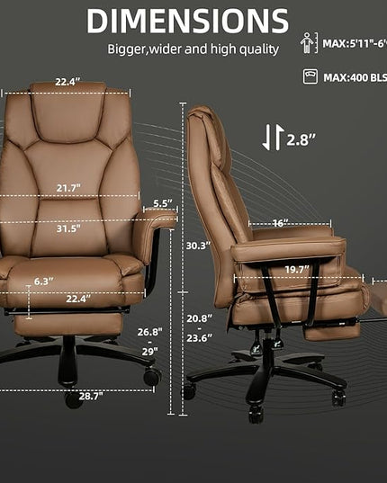 Reclining Office Chair with Footrest, Big and Tall Home Office Desk Chairs 400lbs with High Back, Criss Cross Wide Seat, Heavy Duty Base, Pu Leather, Brown