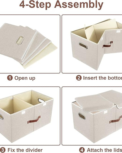 TYEERS Extra Large Collapsible Storage Bins with Lids and Compartments, Washable, Fabric Storage Boxes, 21.7x13x11.8 inches, 3 Pack, Beige