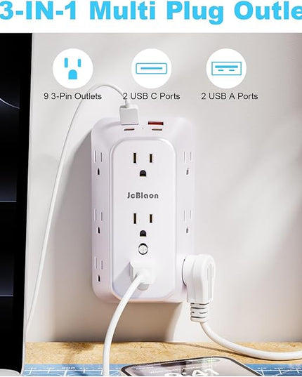 Outlet Extender Wall Charger with Multi Plug Adapter 9 AC Outlets 4 USB Charging Ports 1875W 1050J Surge Protector Power Strip Spaced Splitter for Home, Travel, Dorm Room Essentials