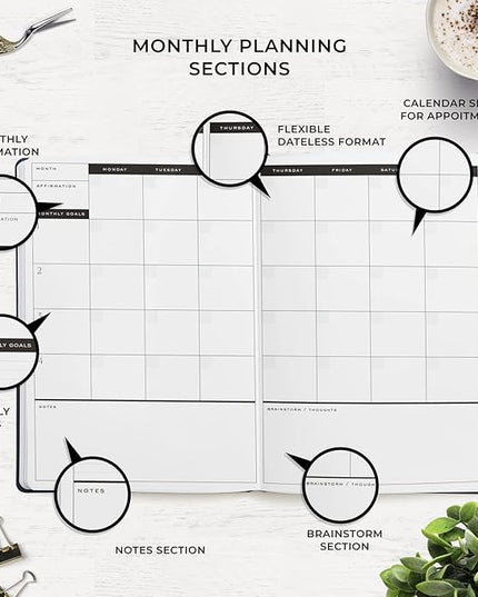 Smart Planner Pro – Undated Daily Planner – Medium B5 – Achieve Goals & Increase Productivity with Weekly, Monthly, Work Sections - Organizer Planner with Back Pocket, 3 Satin Bookmarks & Pen Holder