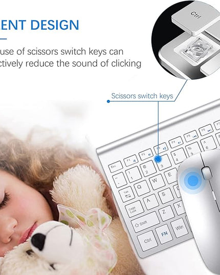 Wireless Keyboard and Mouse Ultra Slim Combo, TopMate 2.4G Silent Compact USB 2400DPI Mouse and Scissor Switch Keyboard Set with Cover, Batteries Included, for PC/Laptop/Windows/Mac - Silver White