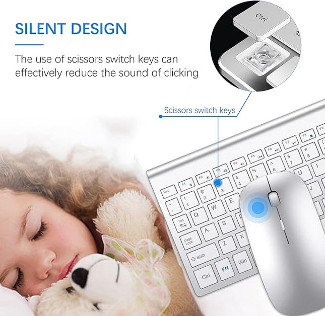 Wireless Keyboard and Mouse Ultra Slim Combo, TopMate 2.4G Silent Compact USB 2400DPI Mouse and Scissor Switch Keyboard Set with Cover, Batteries Included, for PC/Laptop/Windows/Mac - Silver White
