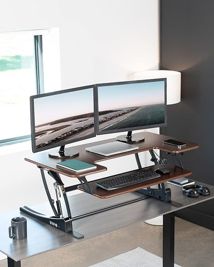 VIVO 42 inch Height Adjustable Stand Up Desk Converter, V Series, Quick Sit to Stand Tabletop Dual Monitor Riser Workstation, Dark Walnut Top, Black Frame, DESK-V000VLD