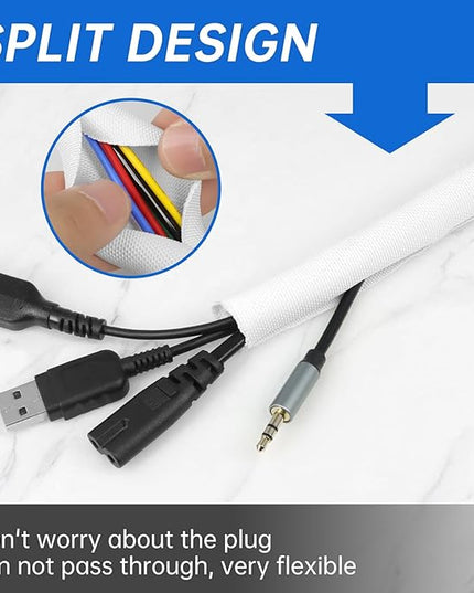 YOUBO Split Braided Cable Sleeve，Flexible Wire Loom Tubing, Automotive Cord Protector Pet Proof, Cable Management for Computer TV Electric Wires Harness 16ft (White, 32mm（1-1/4")