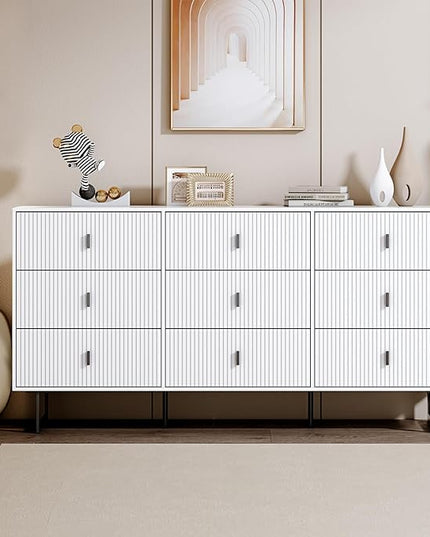 Chrangmay Modern Chest of Drawers with 9 Drawers,Deep Drawers,Clothes Organizer,Large Storage Cabinet for Living Room, Bedroom,Hallway,with Anti-Tipping Device, White