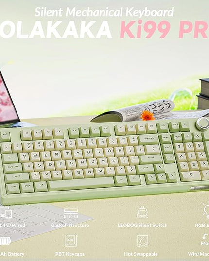 SOLAKAKA KI99 Pro Wireless Mechanical Keyboard Quiet Switch,Hot Swappable Pre-Lubed Switches Silent Keyboard with RGB Backlit,Gasket Structure Computer Gaming Keyboards(GreenWhite, Silent Switch)