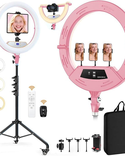 22" Foldable Ring Light with Stand for iPhone ipad, 75" Tripod with Wheels 50W 6500K LED Display/2 USB Ports Large Ringlight Rolling, Tattoo Barber Makeup Studio Video Photography Lighting(Pink)