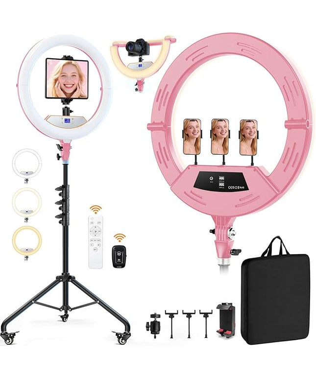 22" Foldable Ring Light with Stand for iPhone ipad, 75" Tripod with Wheels 50W 6500K LED Display/2 USB Ports Large Ringlight Rolling, Tattoo Barber Makeup Studio Video Photography Lighting(Pink)