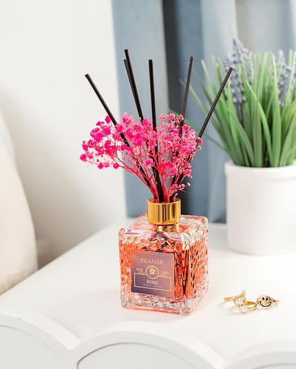 PEANÄK Reed Diffuser Set - Rose Honey Fragrance 6.7oz (200 ml) - Real Preserved Flowers & 8 Reed Sticks for Bathroom Shelf Decor Home Diffuser & Office Scent with Long Lasting Gift Scent