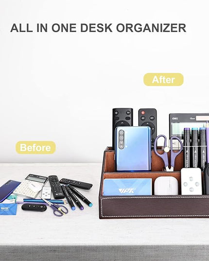 KINGFOM Pu Leather Desk Organizer with 5 Compartments Holder, Multi-Functional Office Supplies Storage Caddy for Pen/Pencil, Phones, Remote Controller and Desktop Accessorie Brown