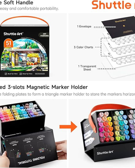 Shuttle Art Alcohol Markers Brush tip, Dual Tip Brush & Chisel Tip Art Marker Set, 50 Colors plus 1 Blender Permanent Marker Pens with Case Perfect for Illustration Students Adults Coloring