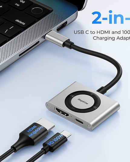 RayCue 2-in-1 USB C Hub, USB C to HDMI Adapter with HDMI 4K@60Hz & 100W PD Charging - Adapter for Laptop, MacBook, IPad (USB-C), iPhone 15/16, Tablets, Switch