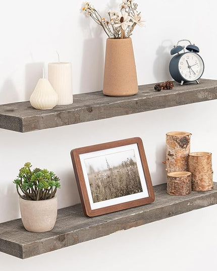 Floating Shelves, 8 Inch Deep Rustic Solid Reclaimed Wood Wall Shelves for Storage, Wall Mounted Display Shelving with Invisible Heavy-Duty Metal Bracket, 30 Inch Width Set of 2, Grey
