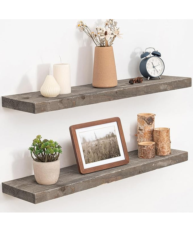 Floating Shelves, 8 Inch Deep Rustic Solid Reclaimed Wood Wall Shelves for Storage, Wall Mounted Display Shelving with Invisible Heavy-Duty Metal Bracket, 30 Inch Width Set of 2, Grey