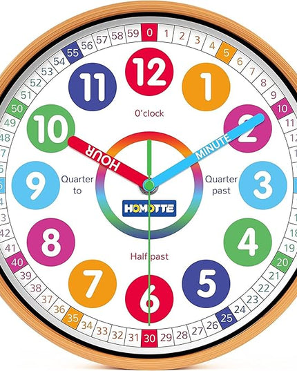 Kids Wall Clock for Bedroom, 10 Inch Round Multi-Colored Learning Clock, Children's Silent Analog Non-Ticking Educational Wall Clock for Boys and Girls Home Decor