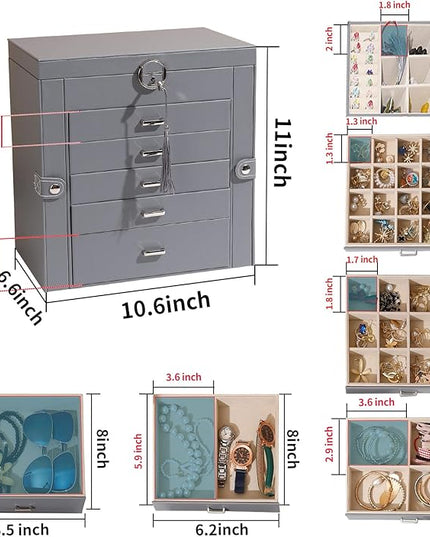 BOOVO Jewelry Box For women, 6 Layer Large Jewelry Organizer With Mirror, Multi-Function Storage Box With Lock, Accessory Holder With 5 Drawers, For Earrings Necklace Ring Bracelet (Gray)