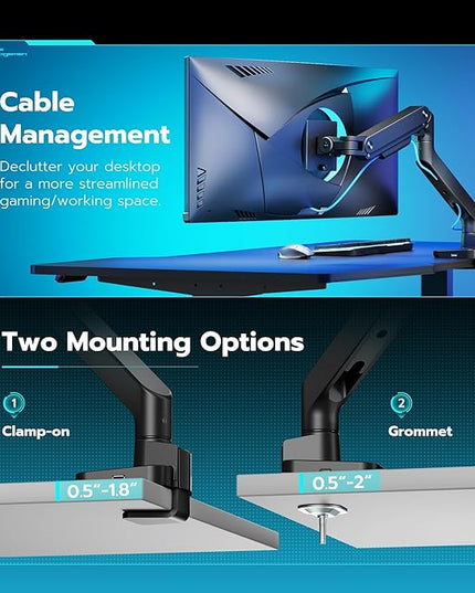 ARES WING Ultrawide Monitor Arm with USB A/C, for 17 to 49 inch Heavy Duty Screen, Holds 44 lbs, Adjustable Gas Spring Arm Desk Mount with Clamp and Grommet Base, Black