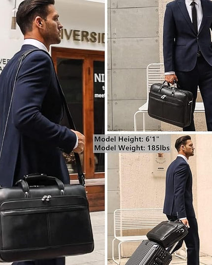 Masa Kawa Leather Briefcase for Men 17/15.6" Laptop Crossbody Shoulder Messenger Bag Business Travel Work Attache Case