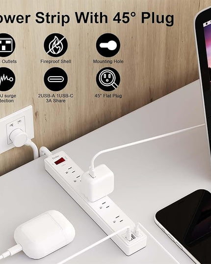 10 Ft Power Strip Surge Protector - Yintar Extension Cord with 6 AC Outlets and 3 USB Ports for Home, Office, Dorm Essentials, 1680 Joules, ETL Listed, White