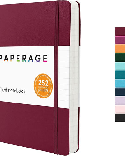 PAPERAGE Lined Journal Notebook, (Burgundy), 252 Pages, Medium 5.6 in x 8 in - 100 GSM Thick Paper – Hardcover Journaling Notebook for Work, School & Note Taking