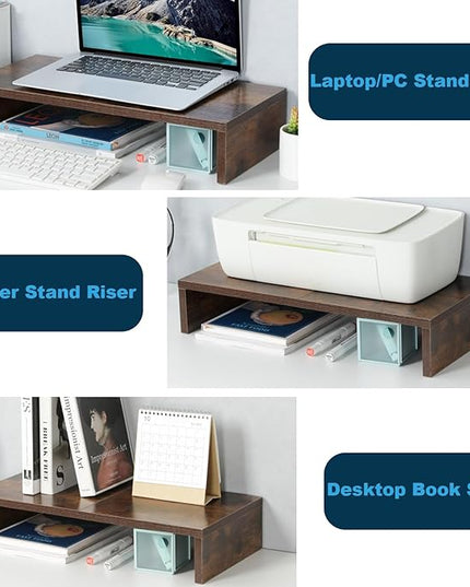 TEAMIX 20 Inch Monitor Stand Riser, Wooden Desktop Riser for TV/PC/Laptop/Printer, Rustic Brown Monitor Riser with Storage, Computer Stand Keyboard Organizer