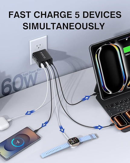 [2-Pack] USB C Wall Charger, 60W USB C Charger Block 5-Port PD Fast Charging Blocks,2USB C+3USB A Multiport Plug,Type C Power Adapter Brick Cube for iPhone 17/16/15/14/13/Pro,Samsung,for Switch（Black）