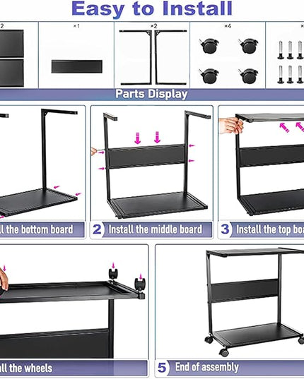 PC Stand Computer Tower Stand 2-Tier Metal CPU Holder with Locking Caster Wheels Suitable for Most PC (Black, L)