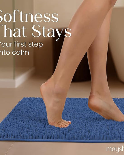 MAYSHINE Plush Shaggy Chenille Bath Mat | Extra Soft, Super Absorbent, Non-Slip Bathroom Rug | Fluffy Microfiber, Area Rug Sets for Bathroom Floor, Kitchen, Living Room | 32"x20" | Dark Blue