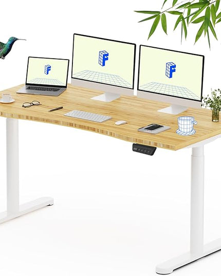 FLEXISPOT Bamboo Electric Standing Desk with Elegant Oval Legs & Curved Desktop, 60"x30" Height Adjustable Desk for Home Office & Living Spaces, White Frame
