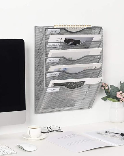 EasyPAG Hanging Wall File Organizer, 5 Pocket Wall Mounted Mail Organizer, Vertical Document Folder Holder with Nametag Label, Space Saving Paper Storage Magazine Rack for Office Home School, Silver