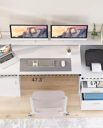Computer Desk with 3 Drawer & Storage Shelves, Home Office Desk with File Drawer & Cabinet, Writing Study Table with Long Monitor Stand & Printer Shelf, Executive Desk, White