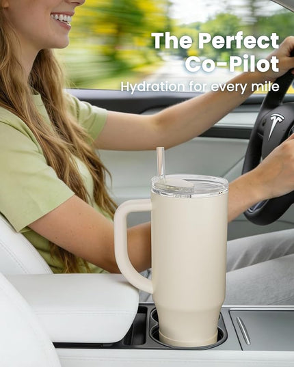 Renoj Tumbler with Handle 100% Spill Resistant Insulated Water Bottle for Iced Coffee & Hot Drinks - Fits Car Cup Holder, Ideal Gift, 2 Straws & Silicone Boot BPA-Free - FlexSlide White 40 oz