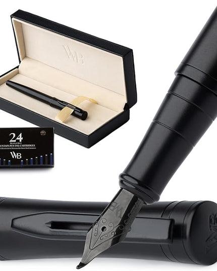 Wordsworth & Black Fountain Pen Set, Bent Nib, Includes 24 Pack Ink Cartridges, Ink Refill Converter & Gift Box, Calligraphy, [All Black], Perfect for Men & Women