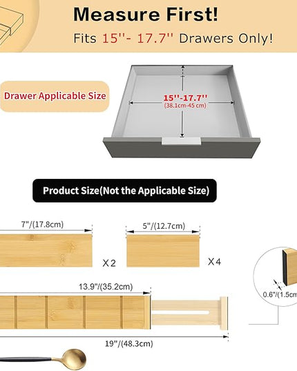 Utoplike 4 PCS Bamboo Kitchen Drawer Dividers with Inserts(Fits 15"-17.7" Drawer Inner Size), Adjustable Drawer Organizers for Socks, Spring Loaded, for Bedroom, Dresser, Bathroom