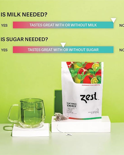 Zest Energy Green Tea – Pomegranate Mojito High Caffeine Tea Bags for Focus & Morning Energy – Natural Caffeinated Tea with 135mg Caffeine – Coffee Substitute – 20Ct Pack, Non-GMO & Keto Friendly
