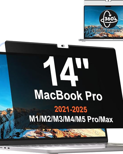 Magnetic 360° Privacy Screen for MacBook Pro 14 Inch (2021-2025, M1, M2, M3, M4, M5 Pro, Max), Removable Anti Glare Blue Light Filter, 4 Way Anti Spy Black Protector for Mac Pro 14In Laptop Computer