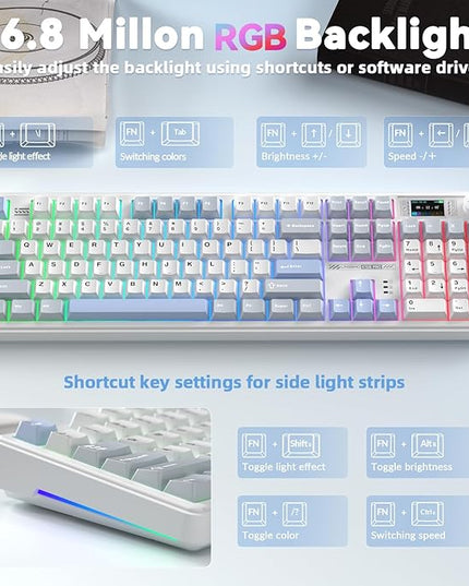 LINGBAO K108 Pro Wireless Mechanical Keyboard with Screen & Knob, Full Size Creamy Keyboard with Number Pad, 10000mAh Battery, PBT Keycaps, RGB Backlit, Hot-swappable Gaming Keyboards