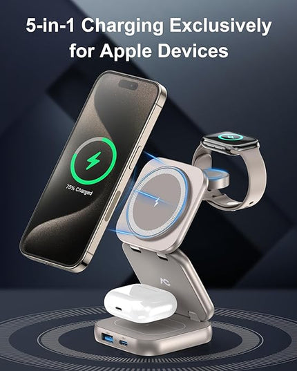 5-in-1 Wireless Charger for MagSafe, AC ISLAND Portable Travel Charging Station, 35W Max Fast Foldable Magnetic Stand, Evolved for iPhone 17-12 & Air Series, Apple Watch, AirPods (with 35W Adapter)