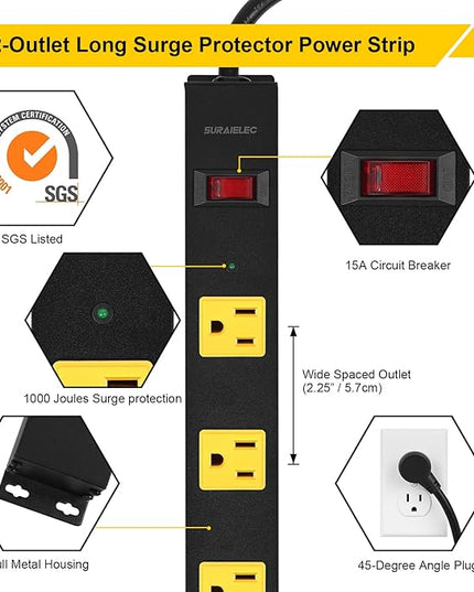 SURAIELEC 12 Outlet Long Metal Power Strip, 15FT Cord Surge Protector, Angled Flat Plug, Wide Spaced Outlet Bar, 15A Breaker, Wall Mountable, Industrial Heavy Duty for Work Bench, Shop, Garage, 2 Pack