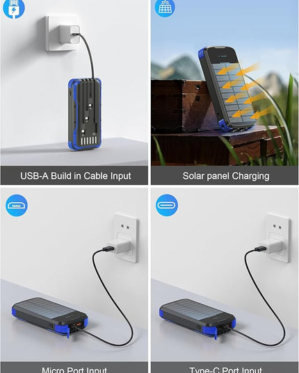 Solar Charger Power Bank, PD 20W Fast Charging External Batter, 40000mAh Portable Phone Charger Built in 4 Cables with Dual Bright Flashlights for Camping, Hiking, and Outdoor Use (Blue)