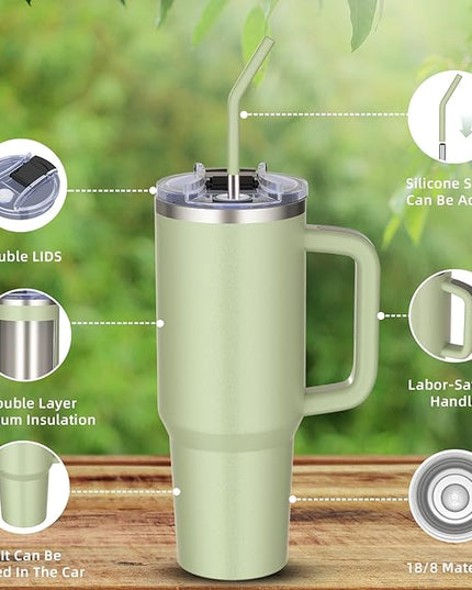 40 oz tumbler with handle and straw,Double Wall Vacuum Reusable Stainless Steel Insulated Water Bottle,With Leak Proof lid and Straw for Iced or Cold Beverages (bay green)