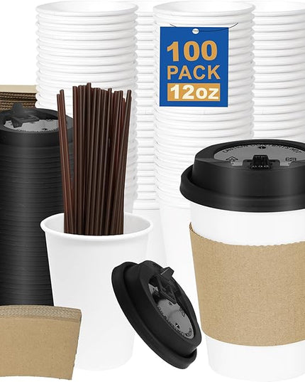 Coolcap 12 oz 100 Pack Coffee Cups with Lids and Sleeves, Straws, Hot Disposable To Go Travel Paper Cups Bulk for Office, Home Coffee Bar Accessories, Chocolate, Cocoa, Beverage (White)