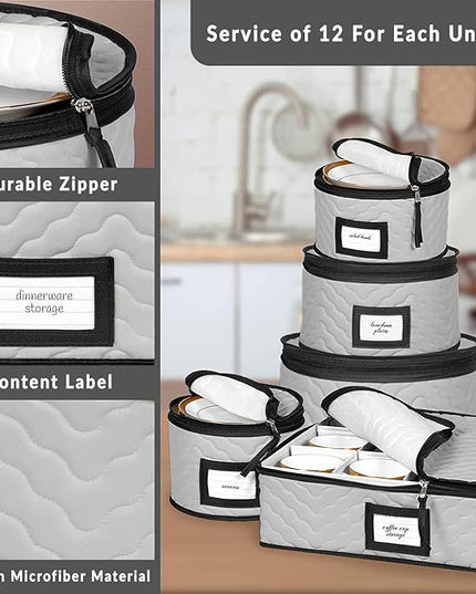 China Storage Containers 5-Piece Set Moving Boxes for Dinnerware, Glasses, Plates, Mugs and Saucers Sturdy Quilted Microfiber Dish Organizer with Dividers for Seasonal Storage - Holds Set of 12, Gray