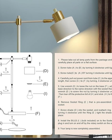 OYEARS Modern Industrial Desk Lamp for Reading LED 22.2“ Metal Table Lamp Light for Office Bedroom Study Room Living Room Nightstand Bedside Lamps Gold and Matte Cream Accent (Cream, Bulb Included)