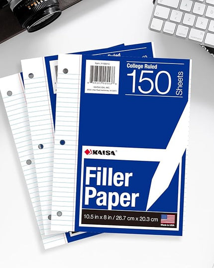 Kaisa Filler Paper Notebook Paper College Ruled 8"x10.5" Loose Leaf Paper for 3-Ring Binders 150 Sheet/pack,12pack (Total 1800 Sheets)