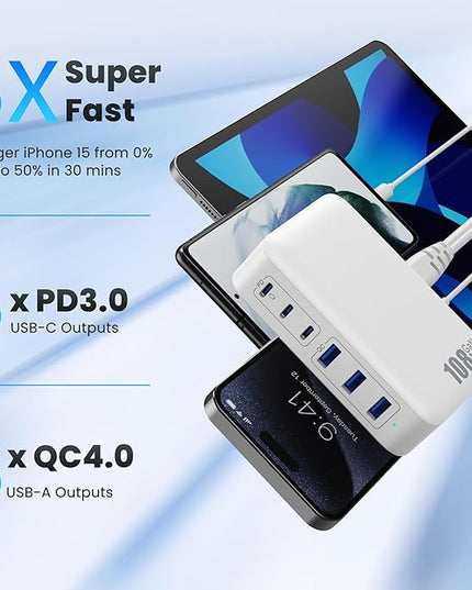 USB C Charger Block Charging Station,108W GaN III 6 Port 3xQC+3xPD Wall Charger Adapter Plug Cube,Super Fast Type C Charging Hub Box for iPhone 17 16 15 14 13 Pro Max iPad Samsung Pixel 5ft Cord-White