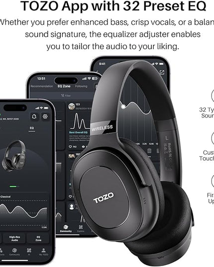 TOZO Hybrid Active Noise Cancelling Headphones, Wireless Over Ear Bluetooth Headset, 40H Playtime, Hi-Res Audio Custom EQ via App Deep Bass Comfort Fit Ear Cups, for Home Office Travel Black