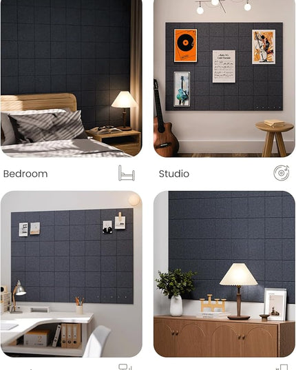 Large Felt Bulletin Board 48" x 36", 12-Pack 4-Compartment Wall Organizer, Cork Board Alternative with 70 Removable Adhesive Tabs, Modular Felt Panels for Home Office, Classroom and Study-Navy Blue